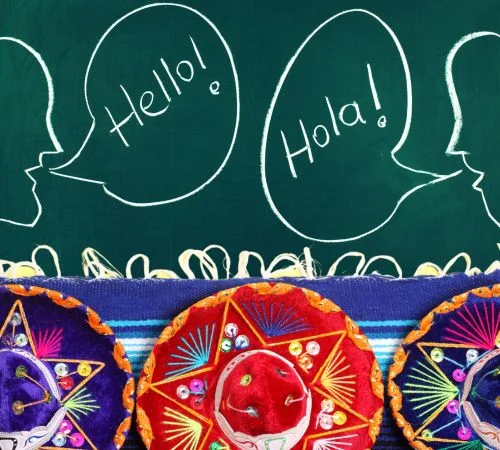 Green background with the word hello u hola in English and Spanish, accompanied by three hats reflecting Hispanic culture, one in red and the other two in purple.