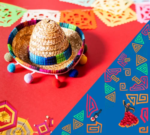 Hat and festive elements related to Hispanic culture on a blue and red background.</p>
<p>